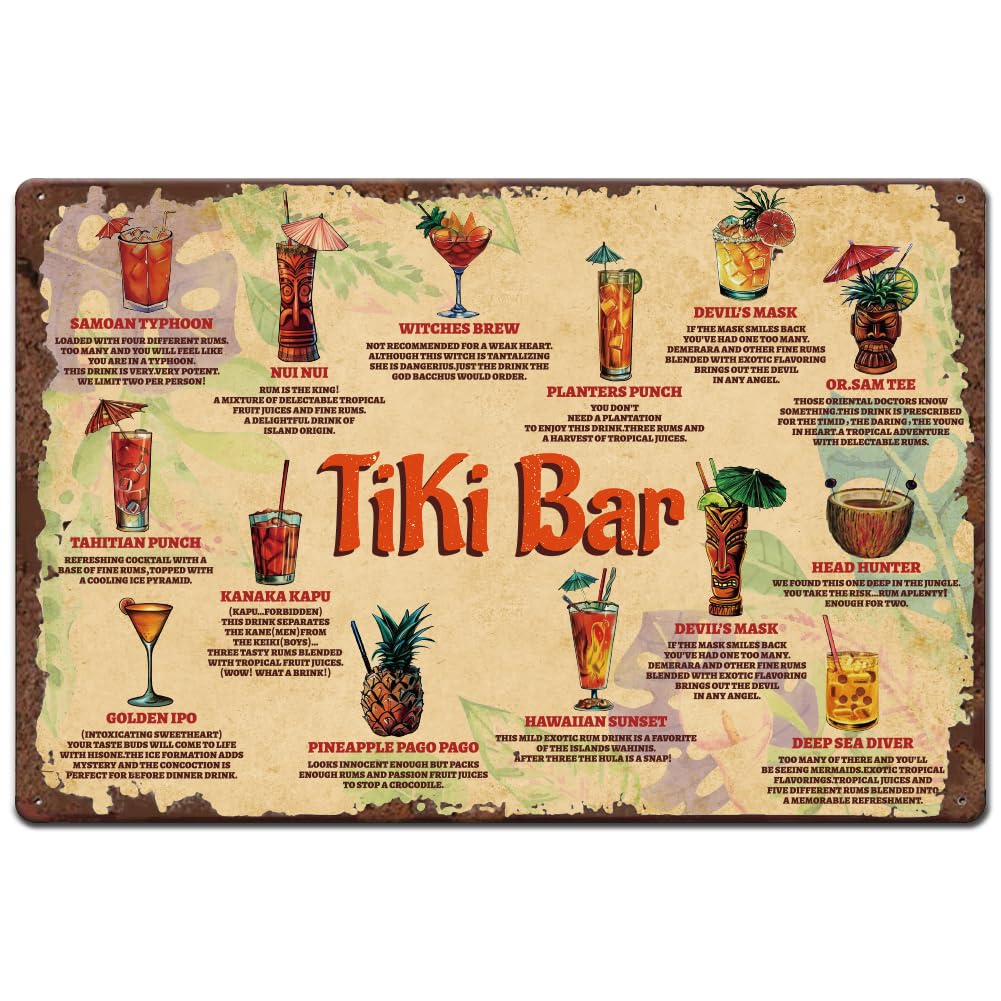 SUPERDANT Tiki Bar Metal Signs Summer Cocktail Tin Signs Cocktail Wall Plaques Retro Poster Art for Bar Restaurant Kitchen Summer Party Vintage Decor Man Cave Gift
