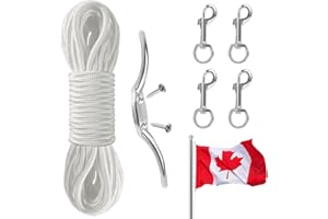 Flag Rope and Clips Kit - 50ft Flag Pole Rope Halyard with Cleat Hook & 4 Pcs Swivel Snap Clips for Flagpoles Up to 25ft, Out