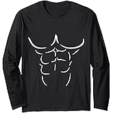 Cartoon Fake Muscle Abs Six Pack Black White Men Boy Costume Long Sleeve T-Shirt