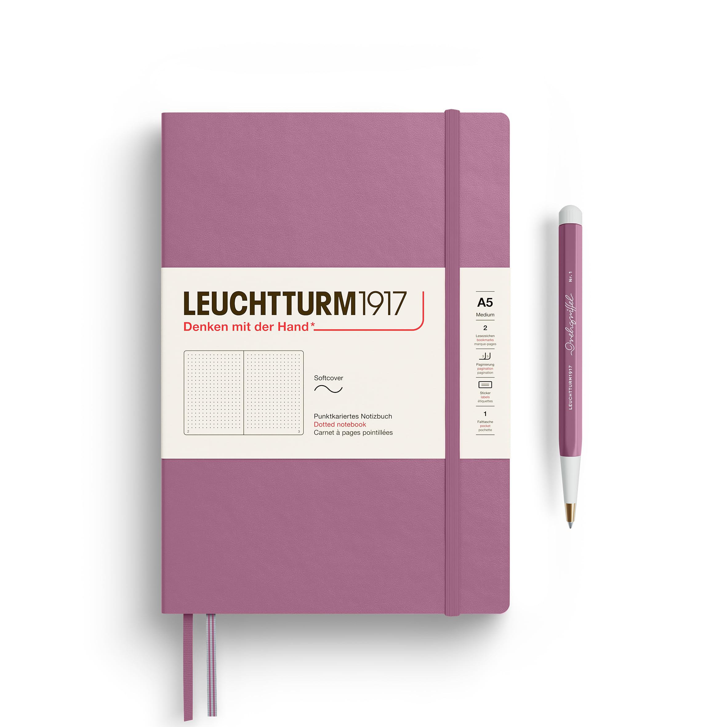 LEUCHTTURM1917 372201 Notebook Medium (A5), Softcover, 123 Numbered Pages, Dusty Rose, Dotted