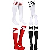 SATINIOR 4 Pairs Triple Stripes Knee High Socks Unisex Cotton Athletic Tube Socks Casual Outdoor Sport Season Gift(White in Red/Black Stripe, Red in White Stripe, Black in White Stripe,4)