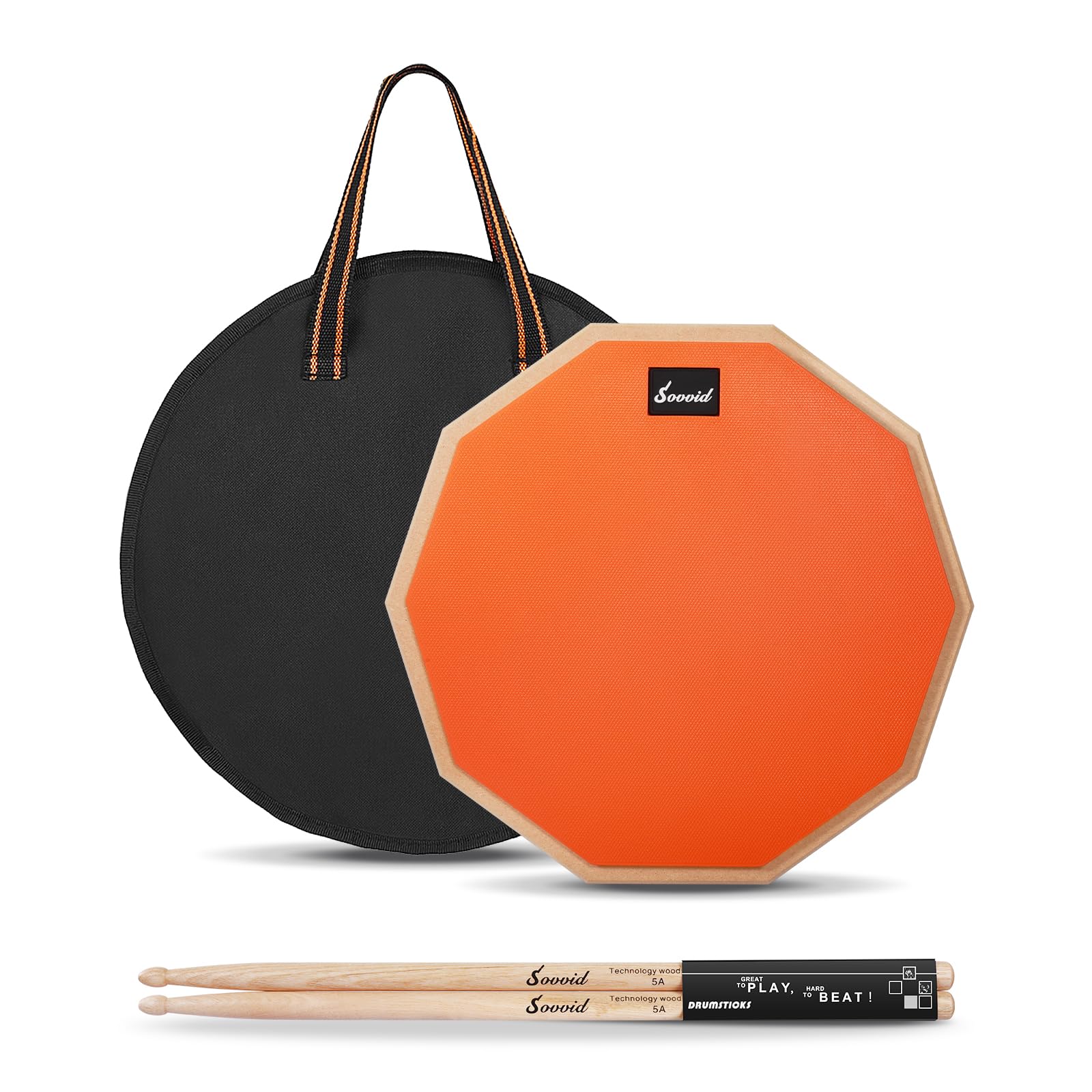 Sovvid 12 Inches Drum Pad and 5A Drum Sticks, Double Sided Snare Drum Practice Pad for Drummers, Silent Practice for Adults and Kids with Storage Bag - Orange