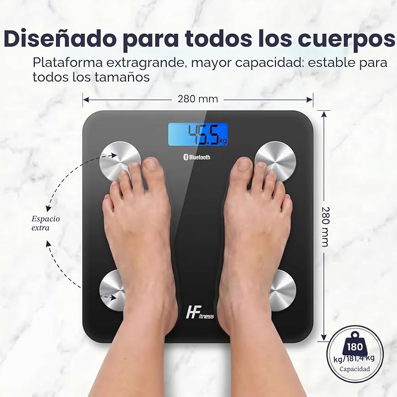 HFitness Báscula de Baño Inteligente 28×28 cm con 19 Mediciones Corporales, Báscula Digital de Grasa Corporal Bluetooth con App, IMC, Peso, Masa Muscular y Masa Ósea negra