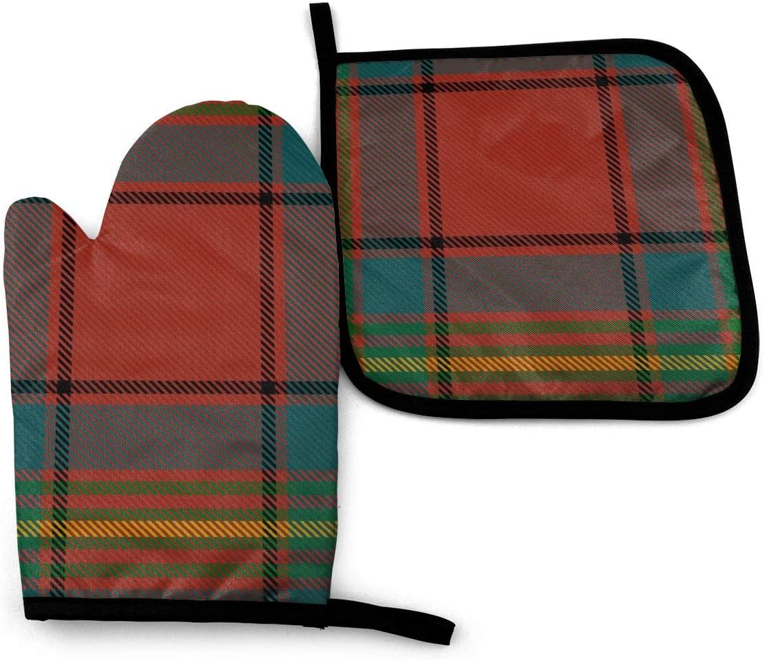 XNLHQH IJ Oliver Clan Red Tartan 2PCS Heat Resistant Oven Mitts and Pot Holders Sets,for Safe BBQ Cooking Baking Grilling