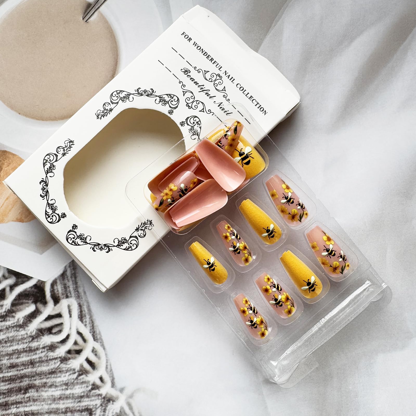 Coffin Press on Nails Yellow Fake Nails Spring Summer False Nails Medium Length Acrylic Nails Full Cover Stick on Nails with Bee Flower Design Cute Glossy Glue on Nails for Women Manicure Decoration - Image 5