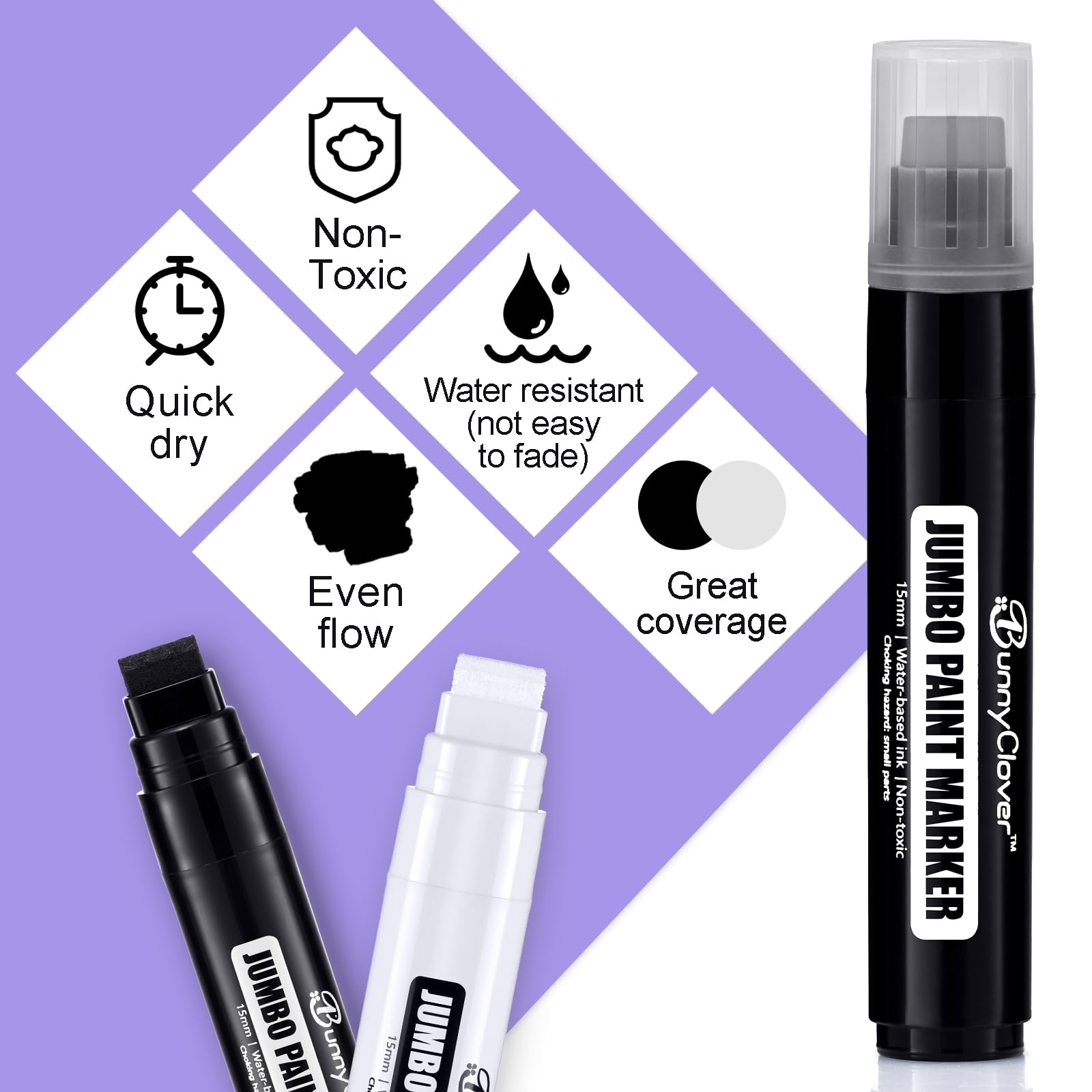 Paint Markers Pens, 2 Pack of Black and White, Premium Permanent Acrylic Paint Pens Markers for Tagging, Signs, Stone, Wood, Ceramic, Non-Toxic,15mm Jumbo Tip