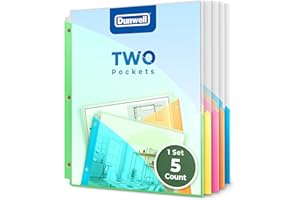 Dunwell 3 Ring Binder Pocket (1 Set, 5 Count) No Tab, Plastic Slash File Jackets for 8.5x11 Paper, Multicolor Notebook Divider with Pockets, 3 Hole Punched Project Folder, Acid-Free