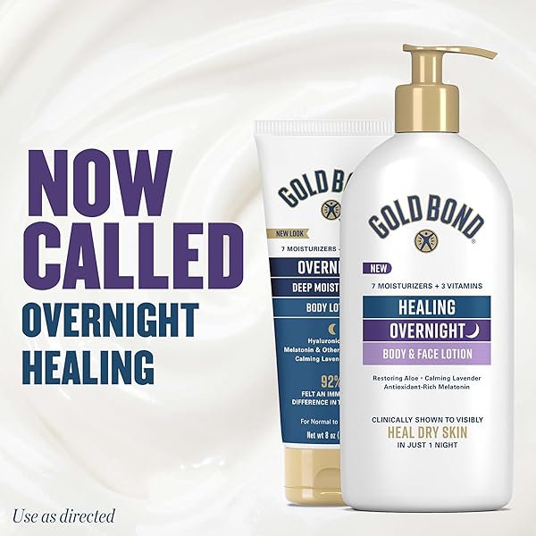 GOLD BOND HEALING OVERNIGHT BODY & FACE LOTION FOR DRY SKIN, NONGREASY MOISTURIZER WITH HYALURONIC ACID, ALOE & MELATONIN WORKS WHILE YOU SLEEP, 13 OZ.