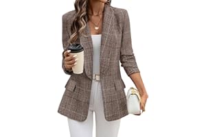 ELLEVEN Women's Shawl Collar Plaid Boyfriend Blazer，Business Casual Open Front Houndstooth Work Office Suit Jackets
