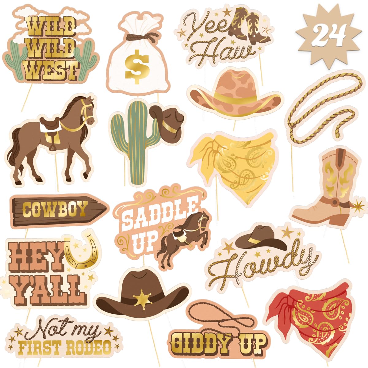 Photo 1 of xo, Fetti Western Photo Booth Props - 24 Count | Kids Rodeo Party Backdrop, Birthday Background Decorations, Hoedown Bachelorette Activity