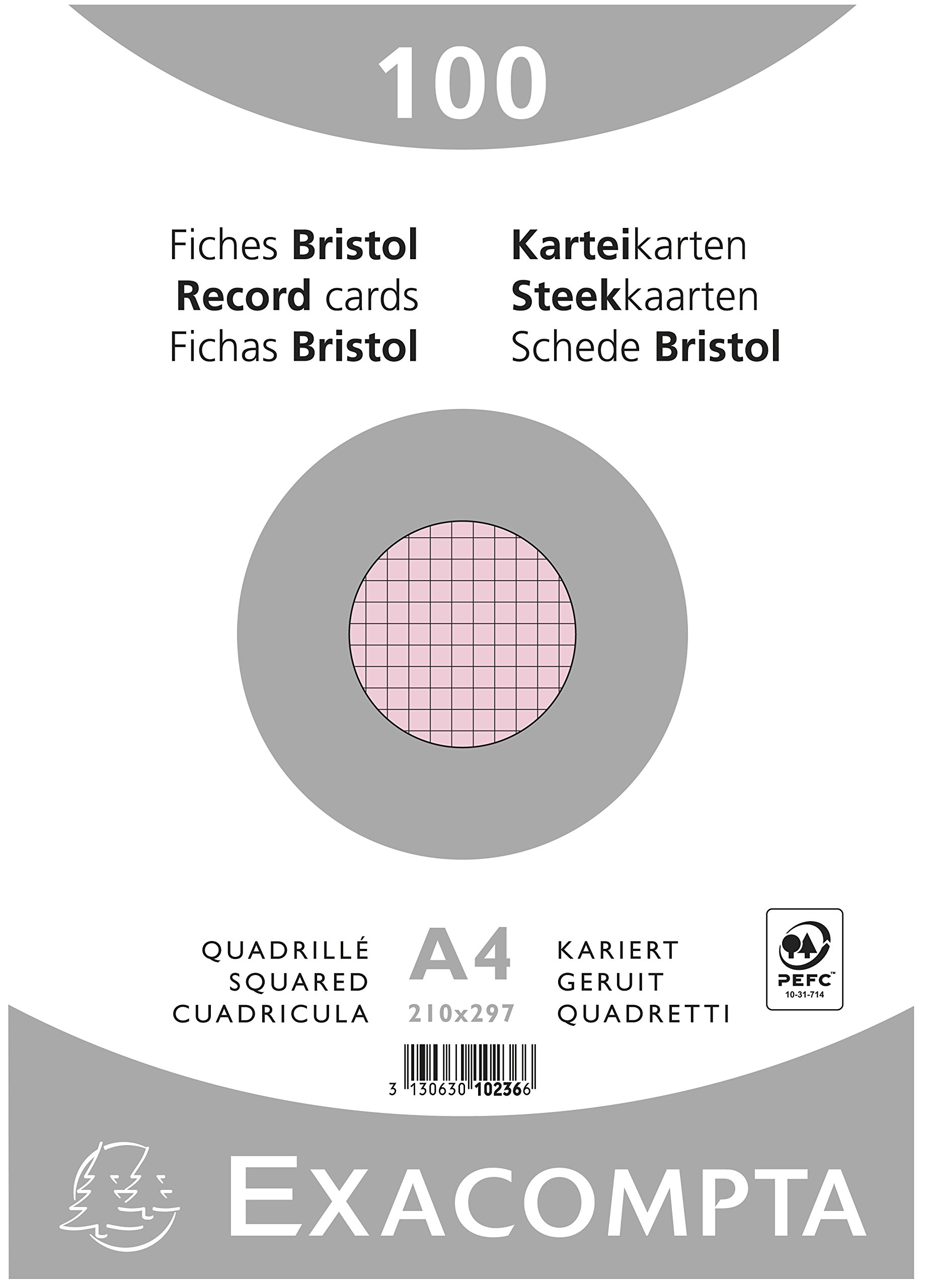 Exacompta - Ref 10236E - Bristol Squared Record Cards (Pack of 100) - A4 in Size, 205gsm Card, Compatible with Printers - Suitable for Exam Revision & Notes - Pink