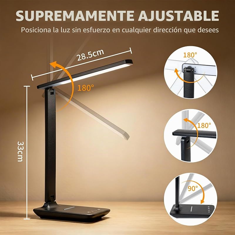Lámpara de Escritorio LED con Puerto USB, Control Táctil, Luz Protectora Ocular, 5 Modos de Color y 5 Niveles de Brillo, Ideal para Dormitorio, Estudio y Mesita de Noche (Negro)
