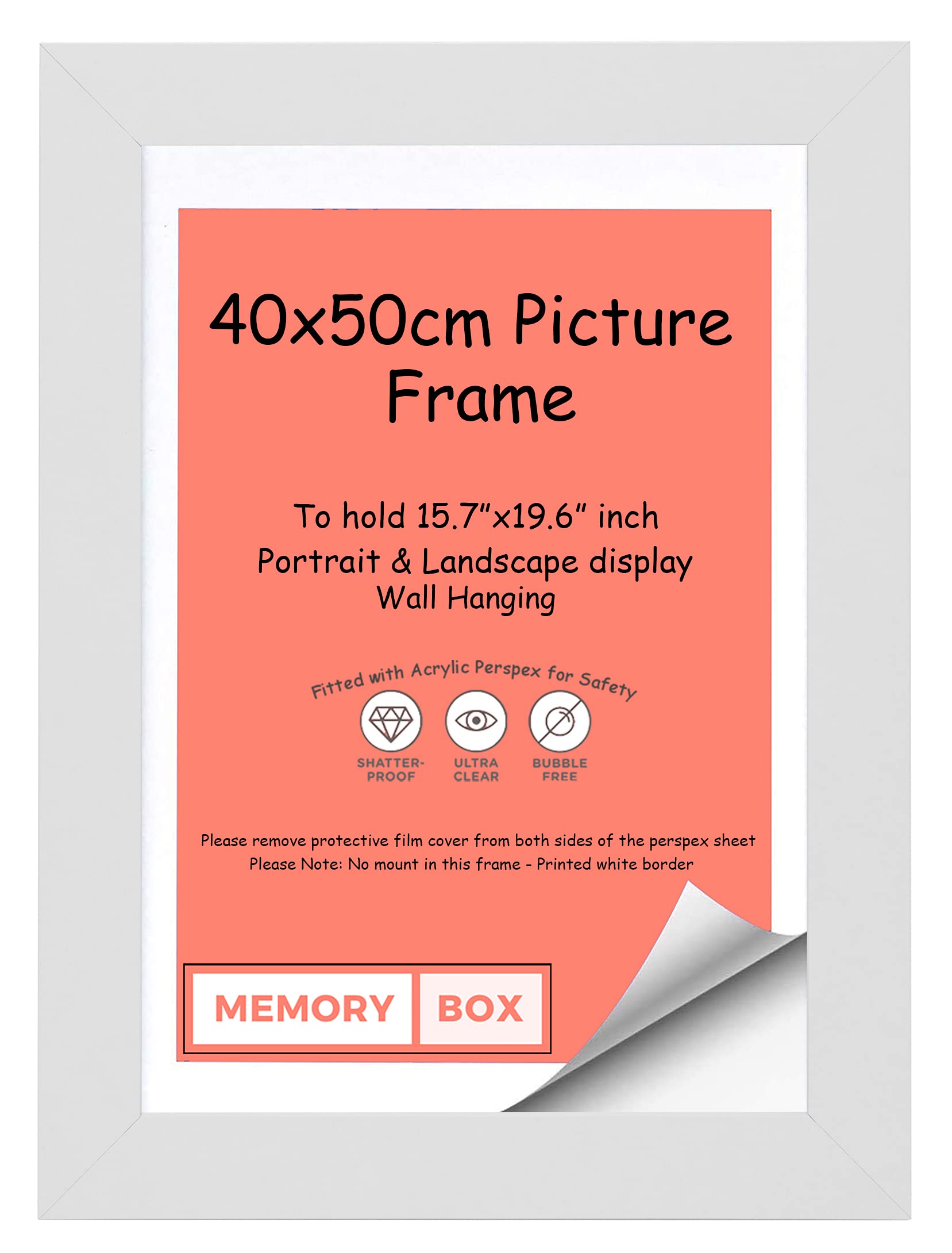Memory Box Wrapped MDF Picture/Photo/Poster frame with Perspex Sheet - Moulding 30mm Wide and 15mm Deep - (40 x 50cm) White 15.7" x 19.6"