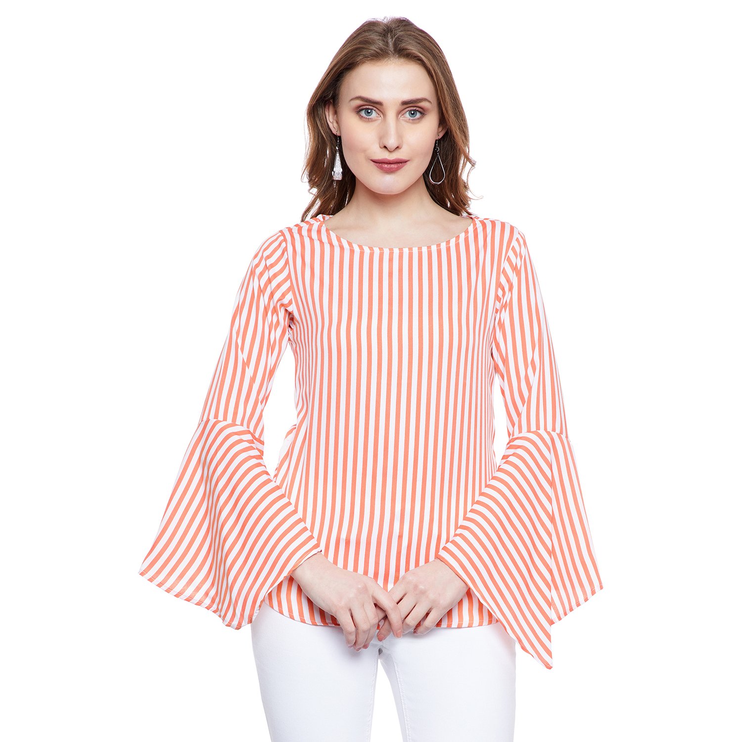 fabulous me women's striped bell sleeve top (white & orange)