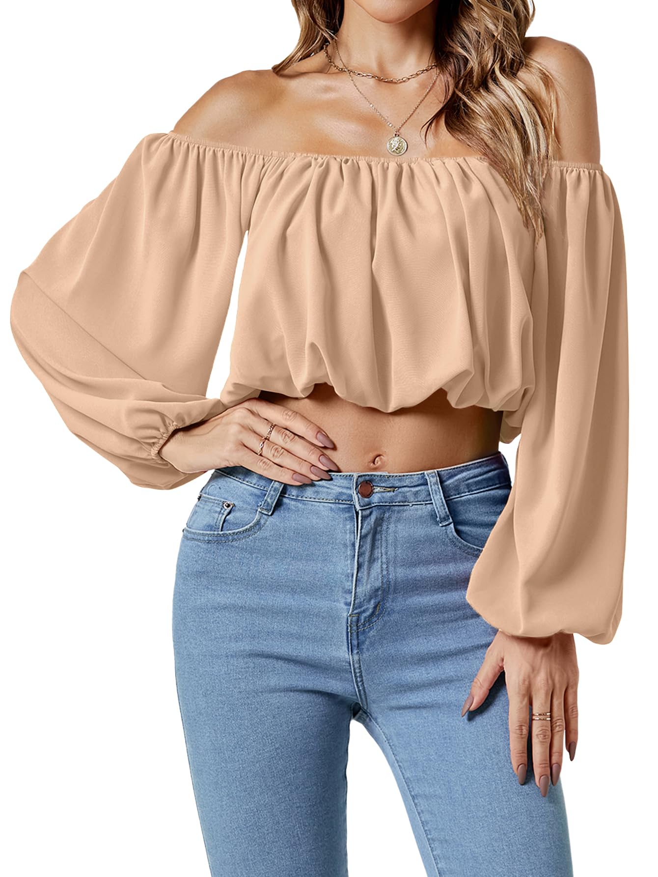 Photo 1 of Umenlele Women’s Casual Off Shoulder Ruched Lantern Long Sleeve Crop Top Blouse Shirt Light Khaki X-Small