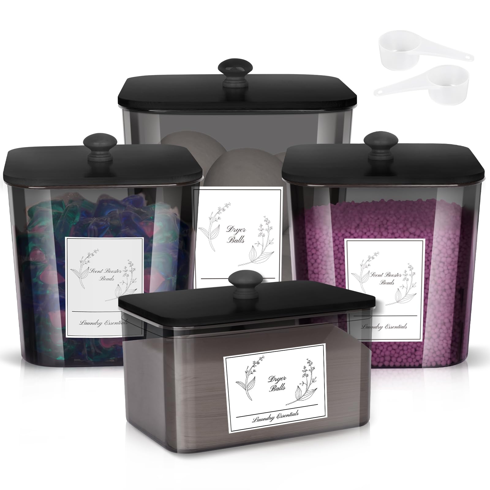 Photo 1 of Zingbee 4 Pack Laundry Detergent Containers & Dryer Sheet Holder with Black Lids, Scoops & Labels - Plastic Laundry Organizer and Storage Jars for Pods, Detergent, Scent Booster