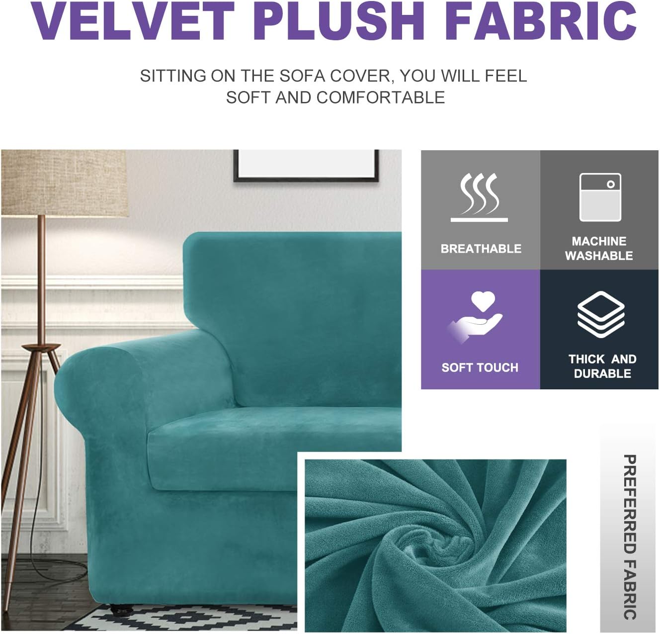 ZNSAYOTX Luxury Velvet Chair Slipcovers with Arms 2 Piece Stretch Chair Covers for Living Room Thick Soft Armchair Slipcover Anti Slip Dog Pet Friendly Furnitre Protector (Peacock Blue, Chair): Kitchen & Dining