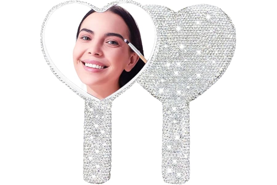 Frinnovan Large Rhinestone Handheld Mirror Heart Bling Glitter Cosmetic Dazzling Portable Hand Mirrors with Handle for Women Wedding Silver White