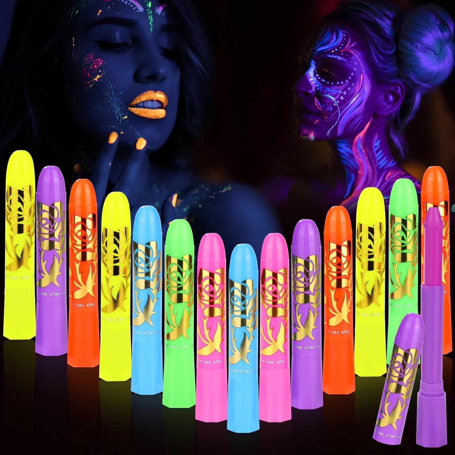Photo 1 of 15PCS Glow Body & Face Paint,Glow in The Under UV Light or Black Light,Makeup Face Paint for Kids and Adults Halloween Club Birthday Party Masquerade,Neon Glow Party Supplies