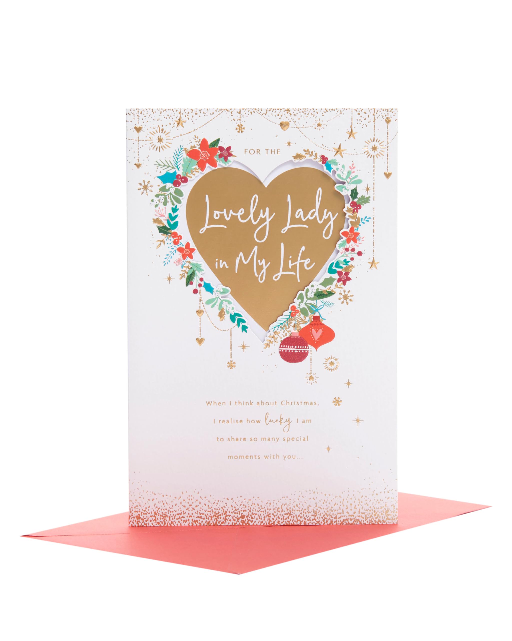 UK Greetings | Christmas Card | Xmas Presents | Her, Girls, Women | Gold Heart Design | With Envelope | 165mm x 254mm