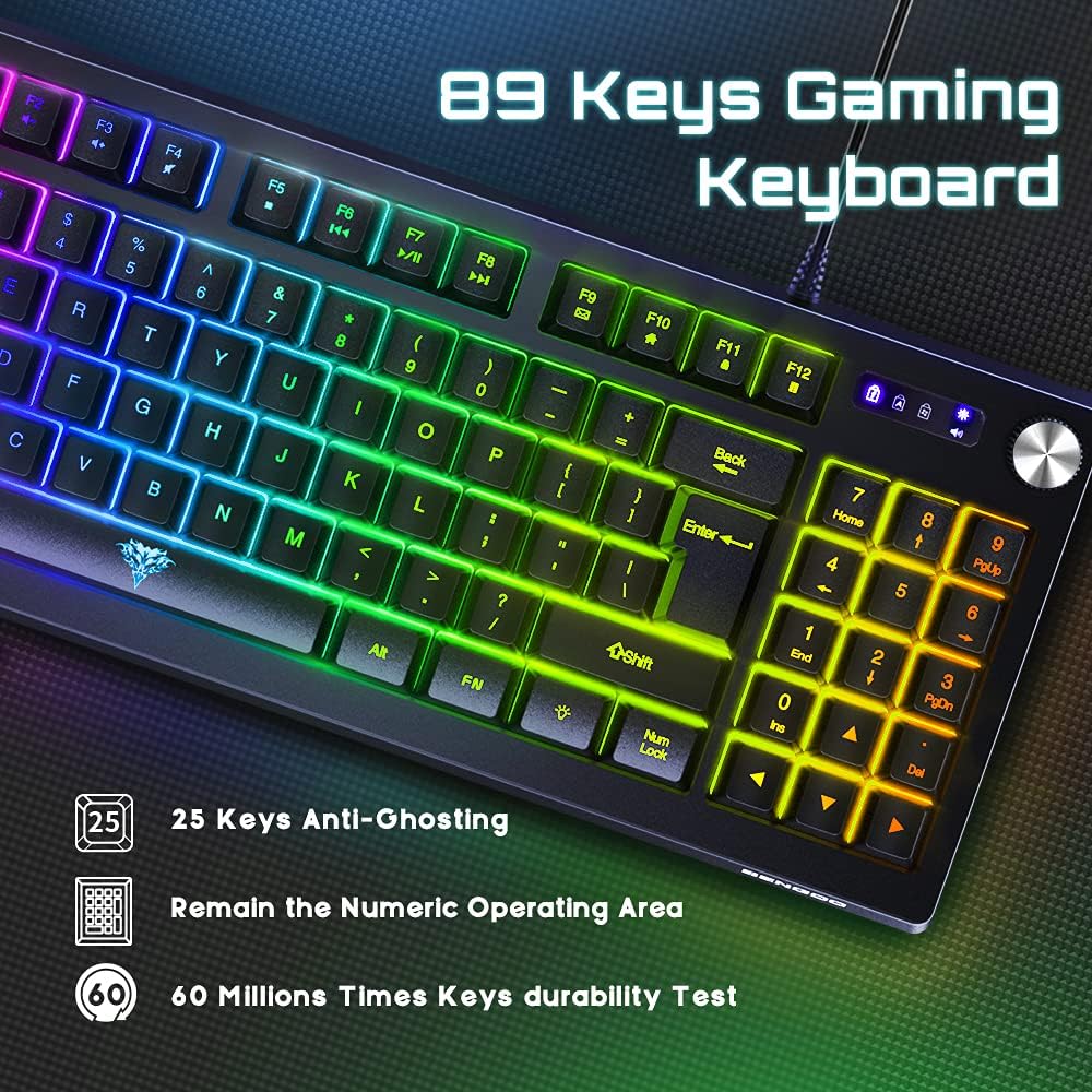 BENGOO Gaming Keyboard, RGB LED Rainbow Backlit Small Gaming Keyboard with 89 Keys and Multimedia Shortcus, Mechanical Feeling Keyboard Wired with 25 Anti-ghosting Keys for Windows Gaming PC Mac: Computers & Accessories