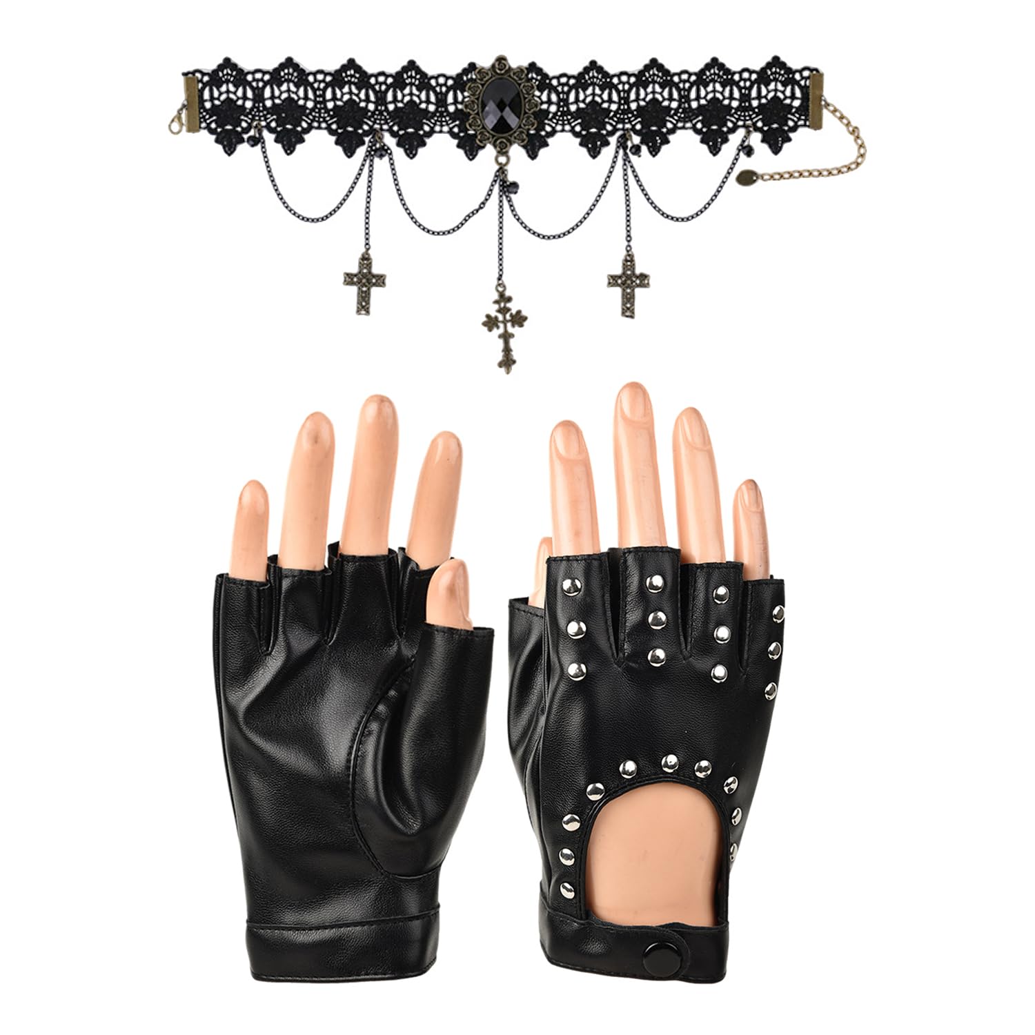1 Pair Of Pu Leather Gloves And 1 Piece Gothic Collar, Punk Style Accessories, Party Clothing Accessories, Stylish Personalized Accessories.