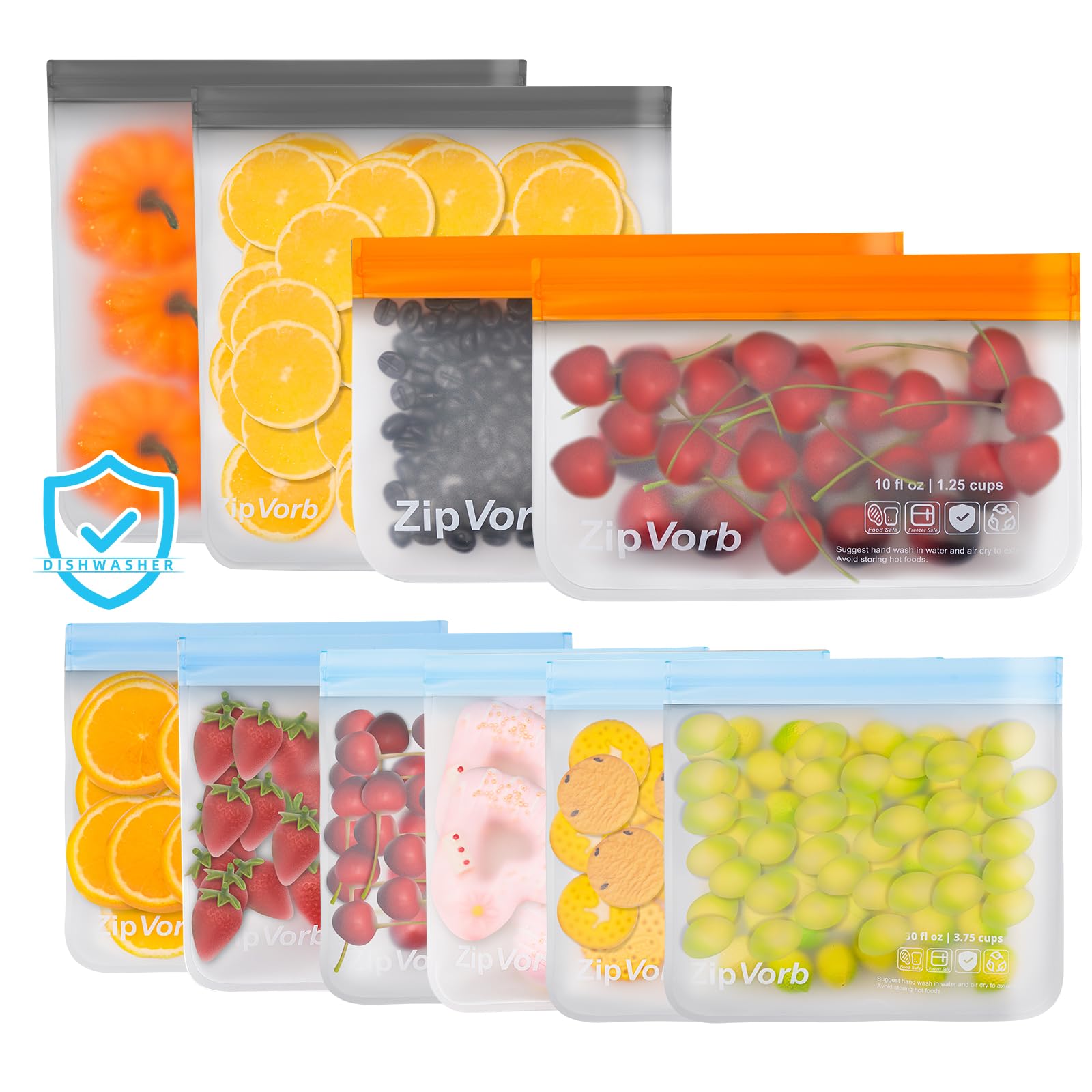Photo 1 of 10-Pack Reusable Bags for Kitchen Organization - Dishwasher Safe, BPA-Free, and Leakproof - Includes 2 Gallon, 6 Sandwich, and 2 Snack Bags for Meat, Cereal, and Veggies