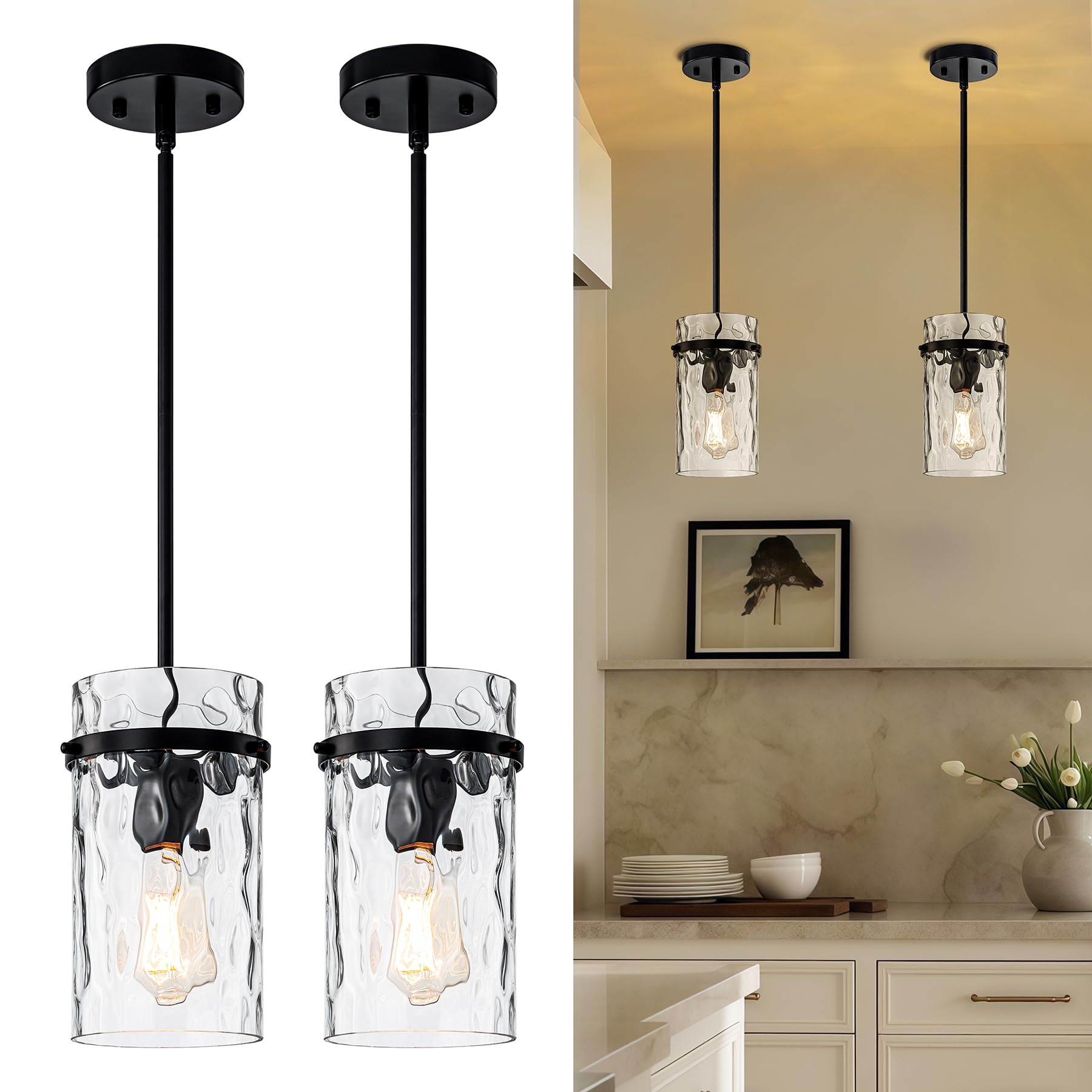 Photo 1 of ***(PARTIAL SET/ MISSING ONE GLASS PENDANT)***Black Hammered Hand-Blown Glass Pendant Light Modern Pendant Lights Kitchen Island, Hammered Glass Pendant Light Fixtures Farmhouse Dining Room Light Adjustable Pendant Lighting over Sink 2 Pack