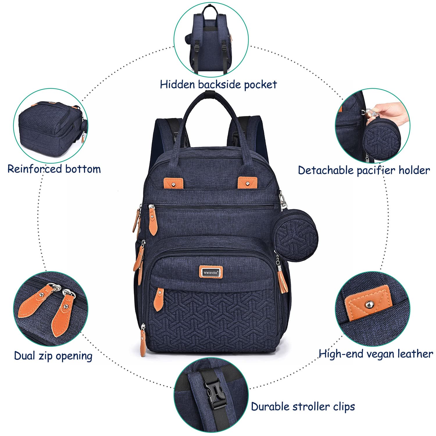 Diaper Bag Backpack, Unisex Baby Bags with Changing pad, Insulated Pockets & Pacifier Holder for Boys Girls, WELAVILA Large Multifunction Travel Back Pack for Mom & Dad, Navy Blue