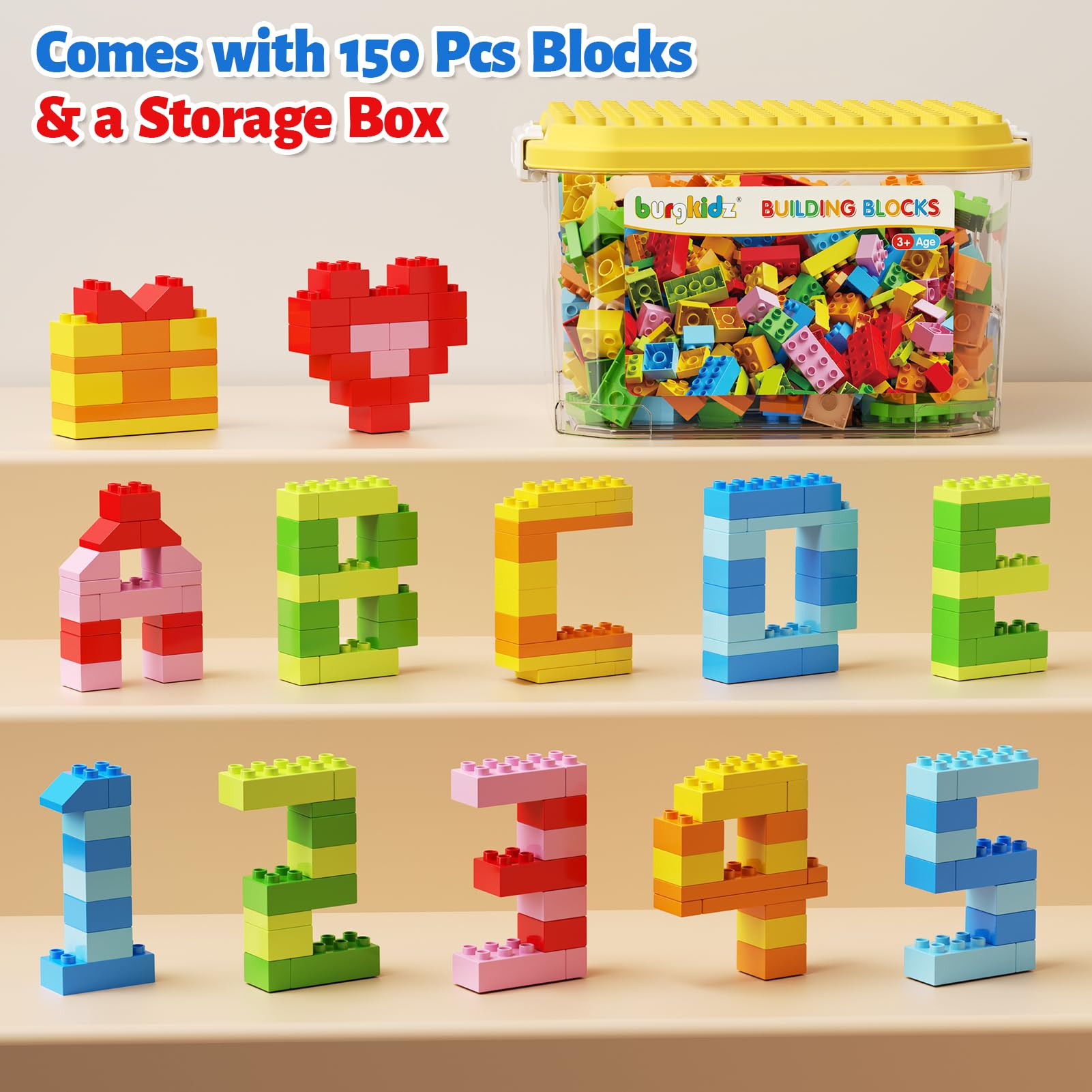 burgkidz Bausteine, 150 Farbenfrohe große Kreative Bauklötze mit Aufbewahrungsbox, die Kinder zum Bauen Anregen Zahlen und Alphabet, Konstruktionsspielzeug für Jungen Mädchen ab 3+ Jahre 6