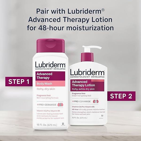 LUBRIDERM ADVANCED THERAPY BODY WASH, UNSCENTED NOURISHING CLEANSER WITH PRO-CERAMIDE, VITAMIN E & PRO-VITAMIN B5 GENTLY CLEANSES ITCHY, DRY SKIN, FRAGRANCE FREE, HYPOALLERGENIC, 16 FL. OZ