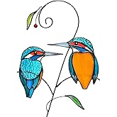 Iricrist Kingfisher (1 Pair) Stained Glass Birds Suncatcher for Mom, Grandma, Women - Real Glass Window Hanging Ornament - Handmade Crafts for Bird Lover (Gifts Ready Packaging)