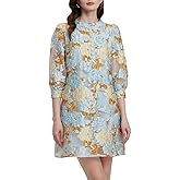 D-Sun Women's Floral Jacquard Dress Crewneck 3/4 Sleeve 3D Embroidered Slim Mini Dress Button Down Fall Elegant Short Dresses