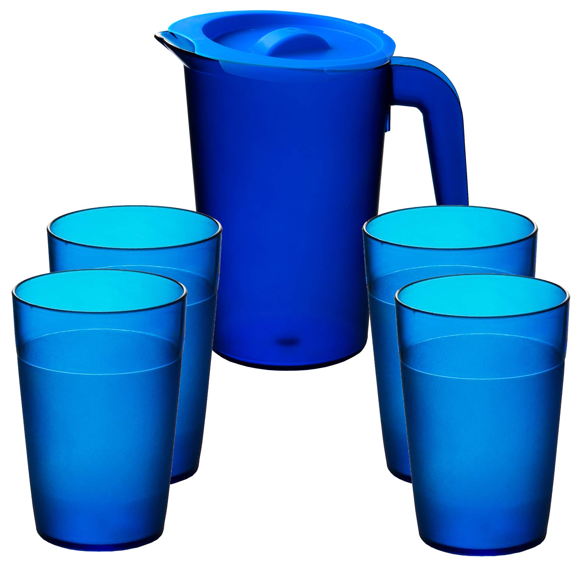 Roltex 1L Blue Jug & Set of 4 Frosted 250ml Tumblers Shatterpoof Drink Pitcher Cups