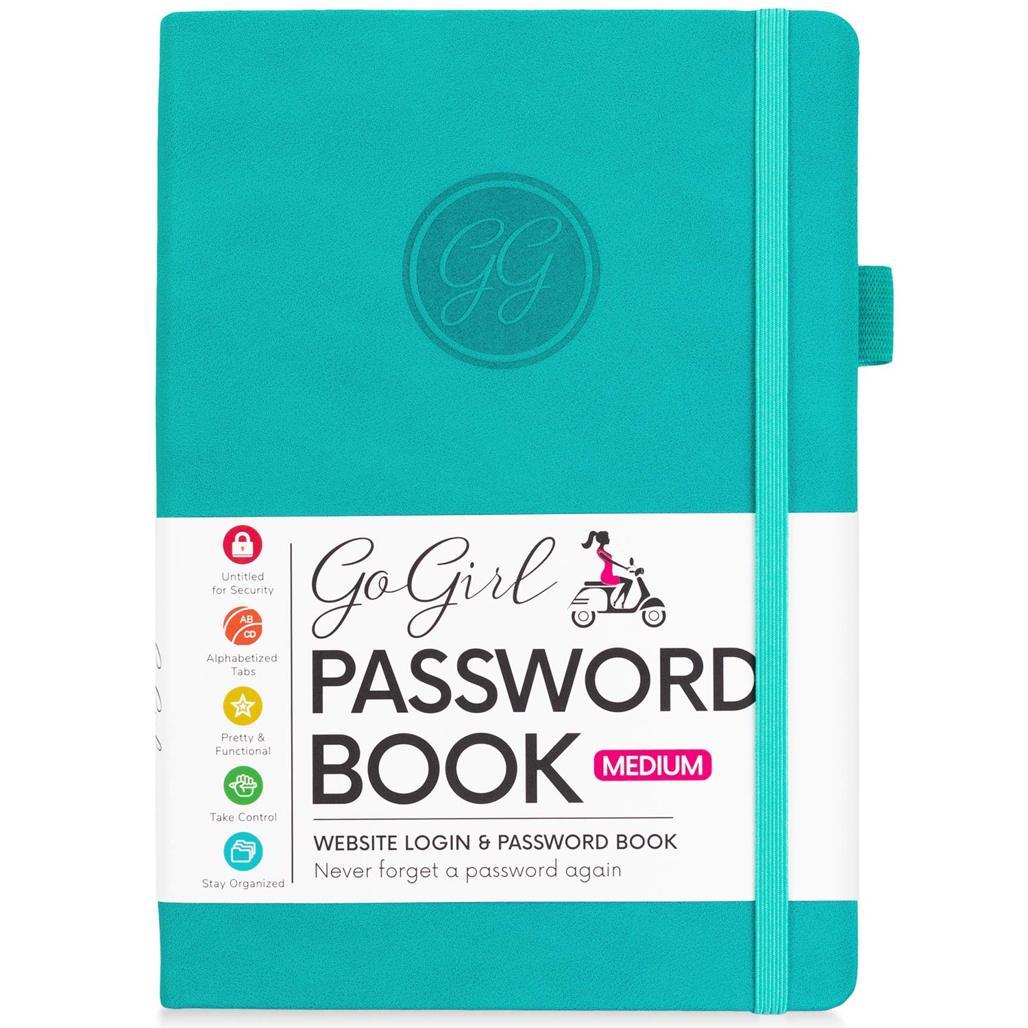 GoGirl Password Book with Alphabetical tabs – Internet Address & Password Keeper Logbook for Password Organization, Journal Notebook for Saving Website Logins. Medium Size 13.5 x 19cm - Turquoise — image 1