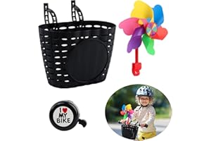 JIANWEI Kids Bike Basket, Cute Bicycle Front Handlebar Basket with Bell Windmill, Adjustable Small Scooter Arts and Crafts Bike Decoration, Bike Accessories for Boys Girls Kids(Black)
