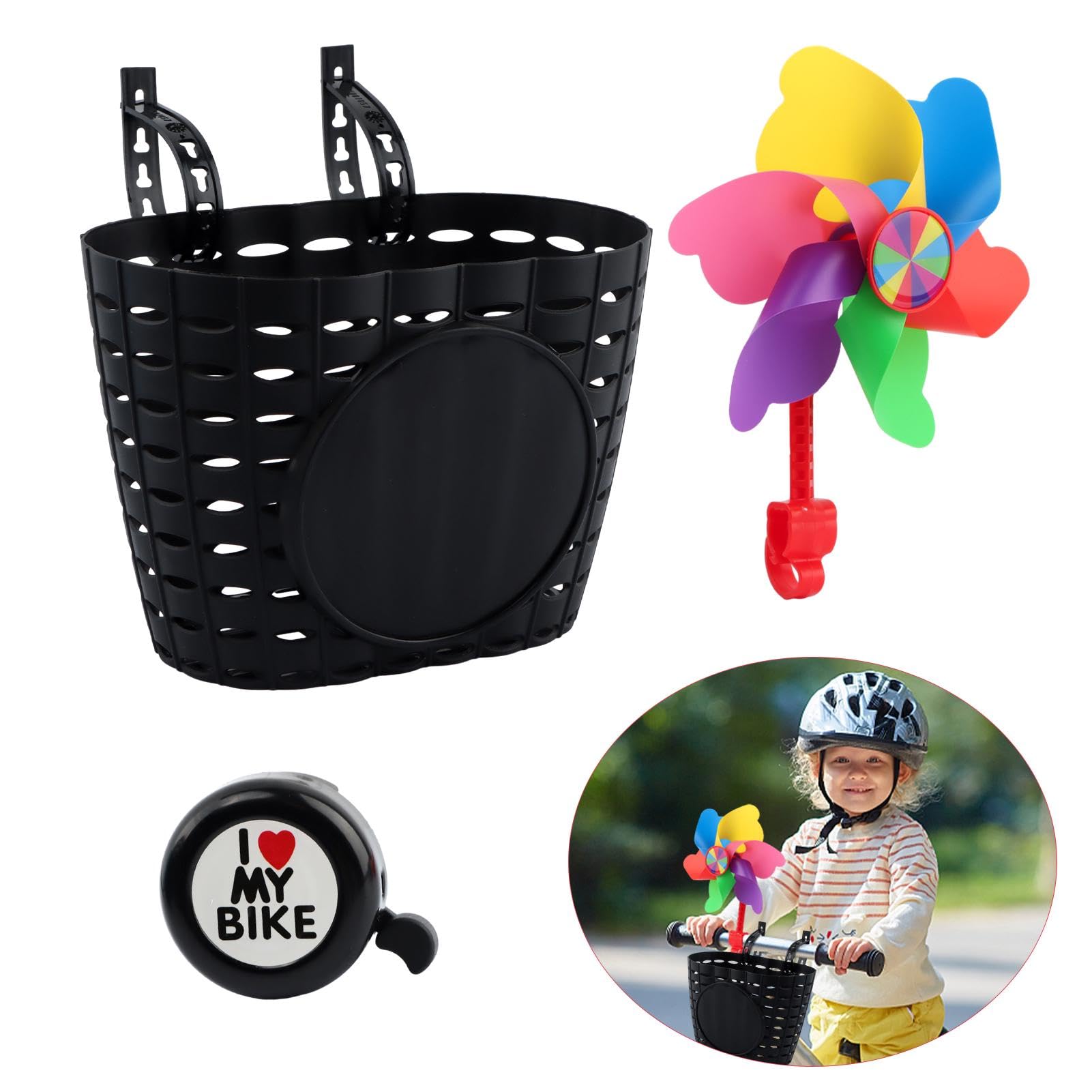 Laluky Kids Bike Basket, Cute Bicycle Front Handlebar Basket with Bell Windmill, Adjustable Small Scooter Arts and Crafts Bike Decoration, Bike Accessories for Boys Girls Kids(Black)
