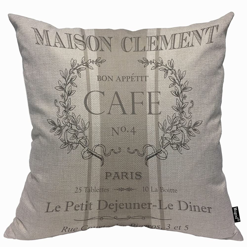 Mugod Modern Vintage French Cafe Cushion Cover Throw Pillow Covers Abstract Advertising Pattern Pillow Case for Men Women Decorative Home Sofa Chair Couch 45x45cm/18x18 Inch