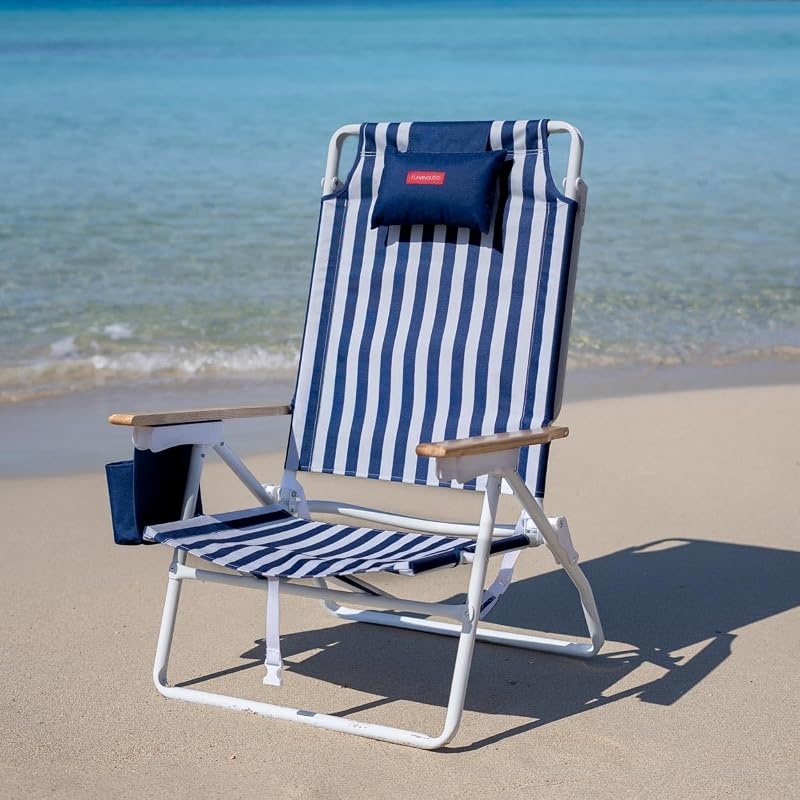 Pack di 2 Sedie da Spiaggia - Reclinabile 5 Posizioni - Tasca Termica - Tasca per Cellulare - Maniglie Tipo Zaino - Cuscino Ergonomico - Alluminio e Poliestere - Blu Navy