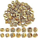 PONABEADIY 1 Box 70PCS 7 Styles Gold Antique Spacer Beads Large Hole Metal Tibetan Alloy European Round Tube Barrel Vintage Rondelle Column Bead for Jewelry Making Earring Bracelet DIY Crafts Supply