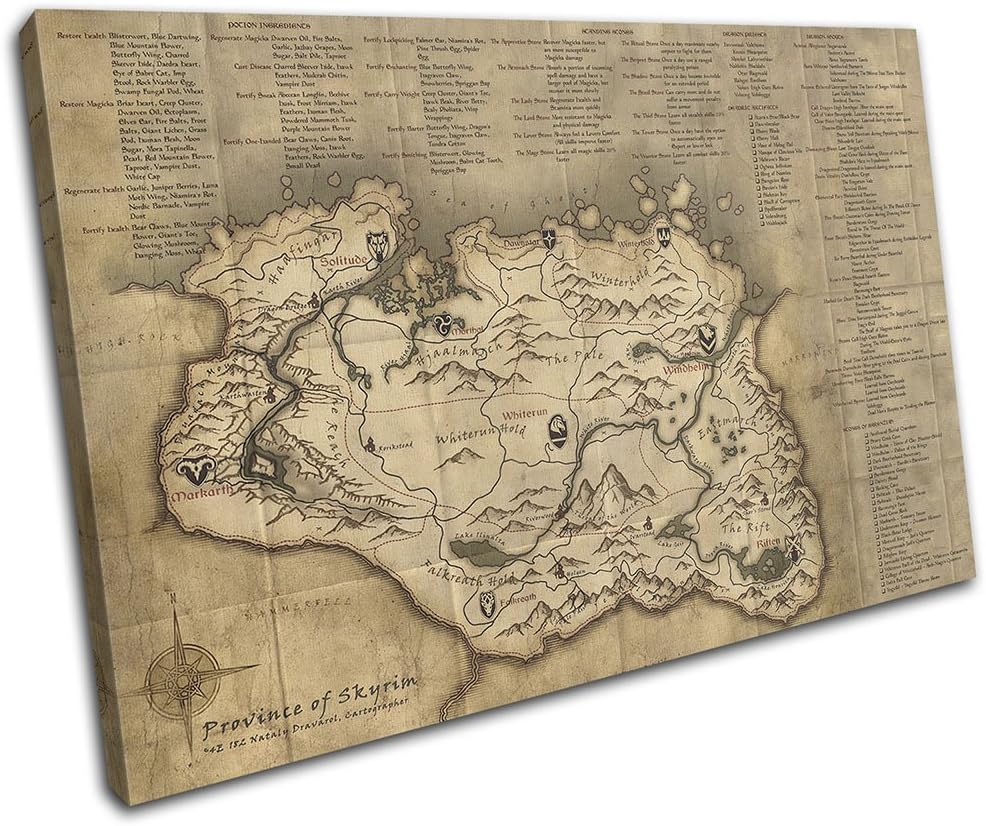 Bold Bloc Design - The Elder Scrolls Skyrim Map Gaming 75x50cm SINGLE Canvas Art Print Box Framed Picture Wall Hanging - Hand Made In The UK - Framed And Ready To Hang 13-2496(00B)-SG32-LO-C