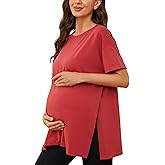 Ecavus Women's Casual Maternity Shirts Split Side Pregnancy Tops Blouses Short Sleeve Loose Fit Maternity Clothes