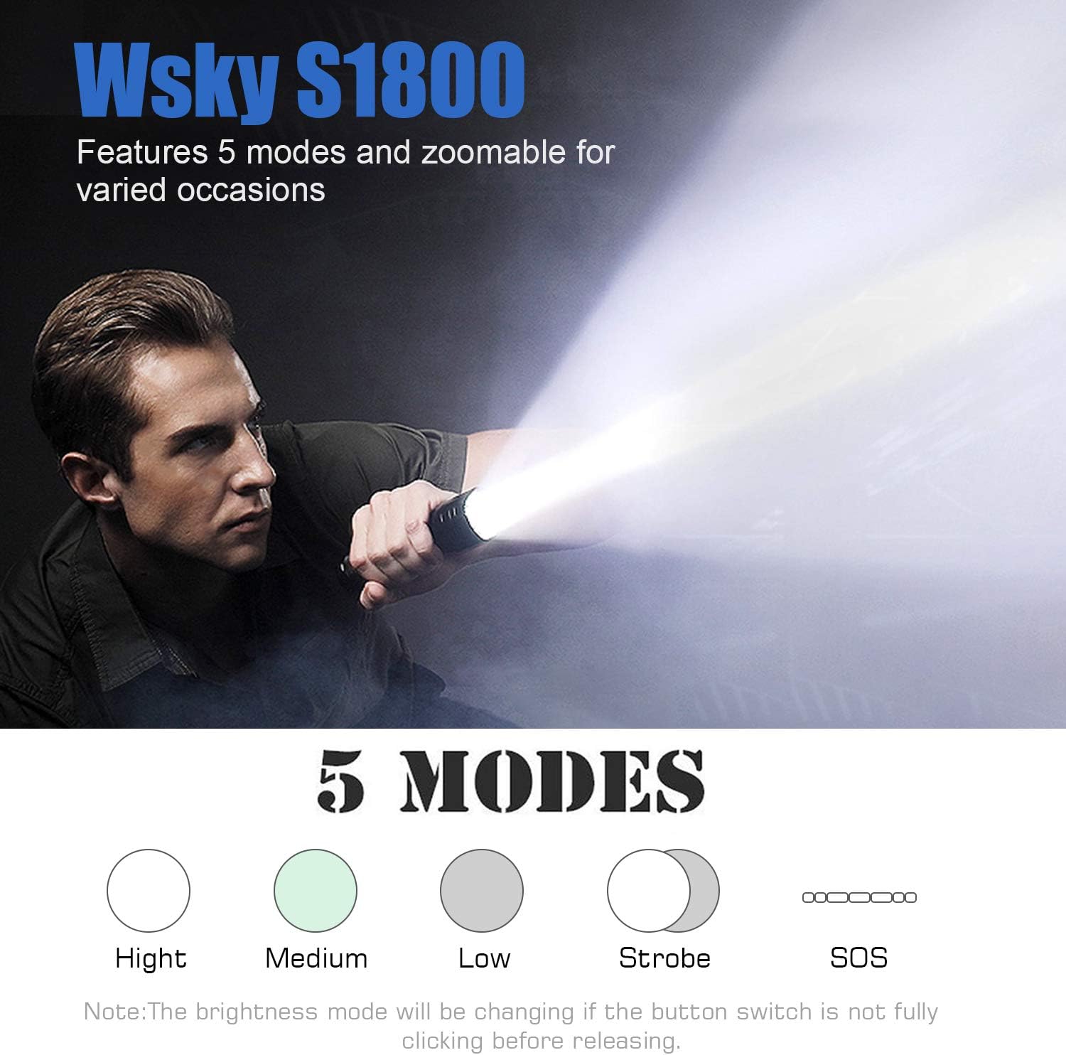 Wsky LED Tactical Flashlight - S1800 Powerful Waterproof Flashlight - High Lumen, Zoomable, 5 Modes - Perfect for Camping Biking Home Emergency or Gift-Giving (Batteries Not Included) - - 