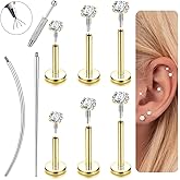 Flat Back Stud Earrings - 14K Gold Plated Internal Thread Stud 18G 16G Piercing Jewelry for Tragus Helix Cartilage Hypoallergenic Surgical Steel Conch Nose Gold Silver Lip Labret Medusa Piercing Jewelry for Women Men
