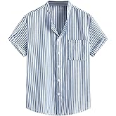 GORGLITTER Men's Striped Button Down Shirt Pocket Patched Short Sleeve Collar Tops