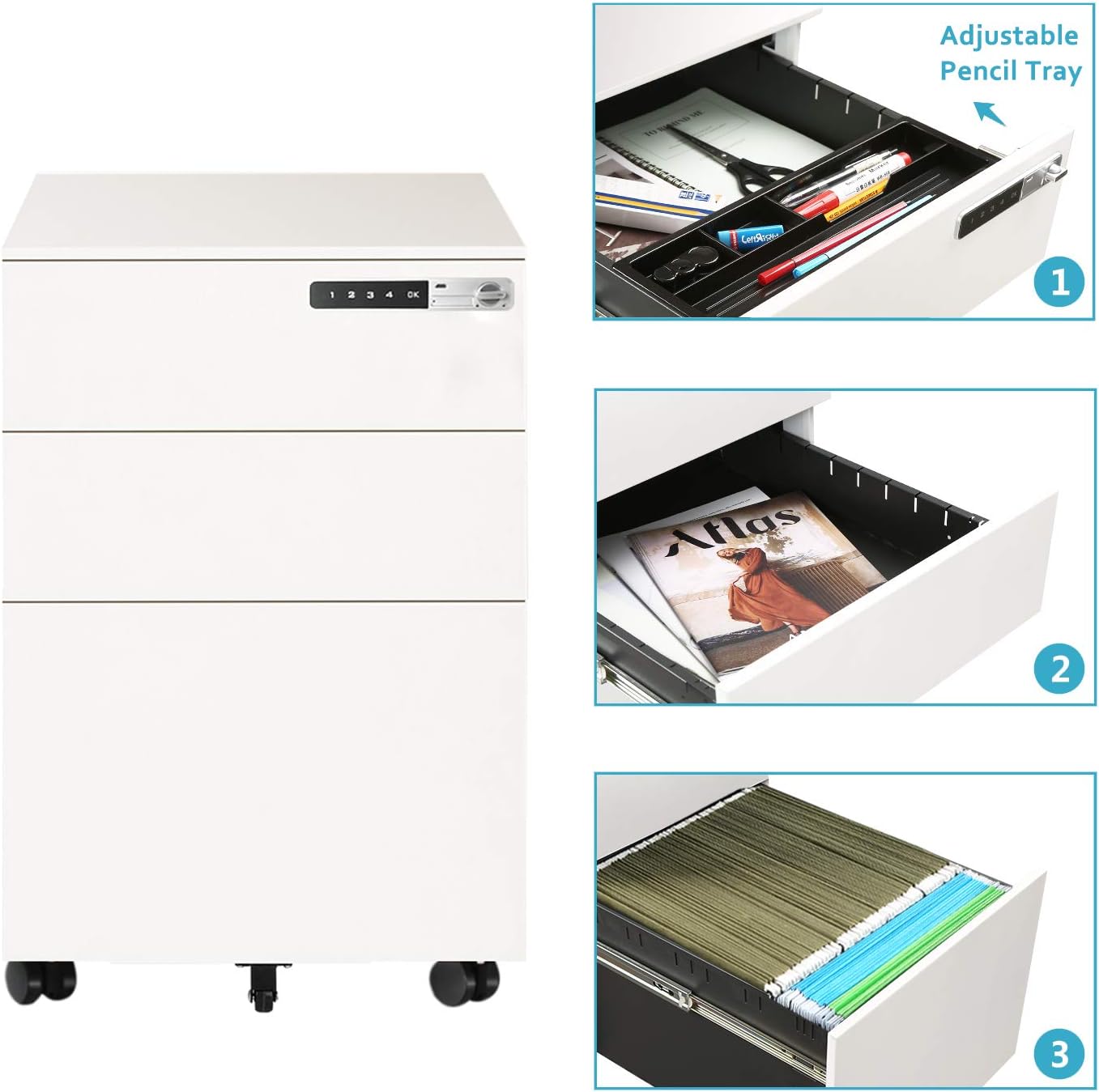 DEVAISE 3-Drawer Mobile File Cabinet with Smart Lock, Pre-Assembled Steel Pedestal Under Desk, White: Kitchen & Dining