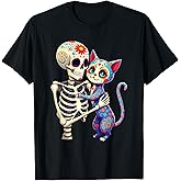 Skeleton Hugging Cat Sugar Skull Día de los Muertos Cat Love T-Shirt