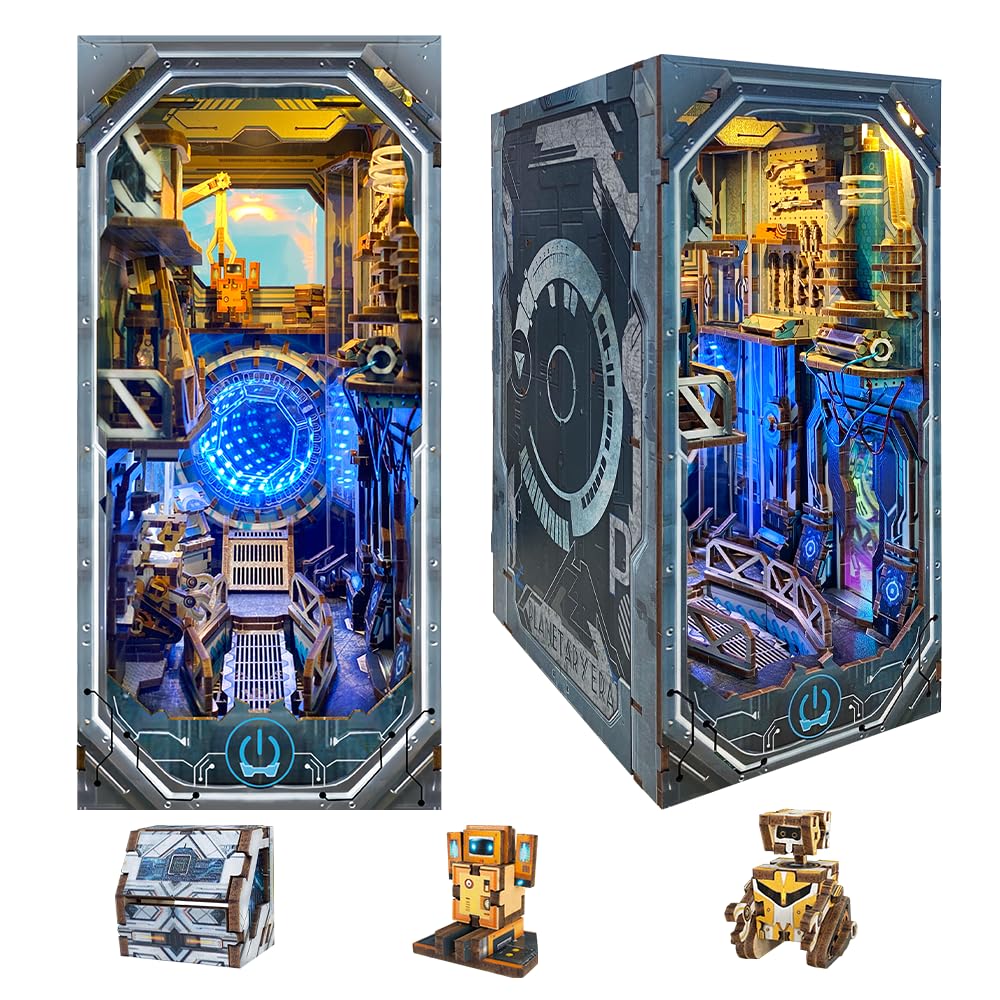 STRUCWOOD DIY Book Nook Kit,Cyberpunk DIY Dollhouse Model,3D Wooden Puzzles with LED,Bookend Bookshelf Insert Decor,Cool Birthday Easter Ideas for Adults Teens Family（Planetary Era）