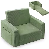 Jouha 2-in-1 Kids Chair and Couch, Cozy Corduroy Kids Sofa, Green | Fold-Out Kids Couch, Boys and Girls, Bedroom &amp; Playroom, Reading and Playing, Lightweight, Removable Washable Cover