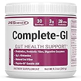 PEScience Complete-GI Gut Health Powder, Probiotics for Women and Men, Digestive Enzymes, Prebiotic Fiber, L Glutamine, Pepzin GI Zinc Carnosine, Unflavored, 30 Servings